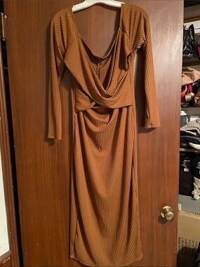Fashion Nova Rust Brown Long-Sleeve Ribbed Drape Dress